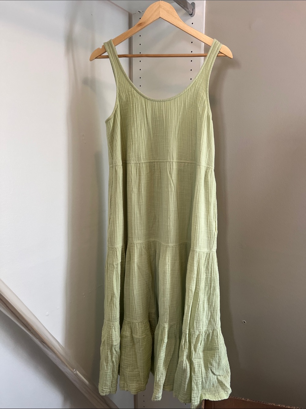 Light Green Tiered Cotton Women's Midi Dress